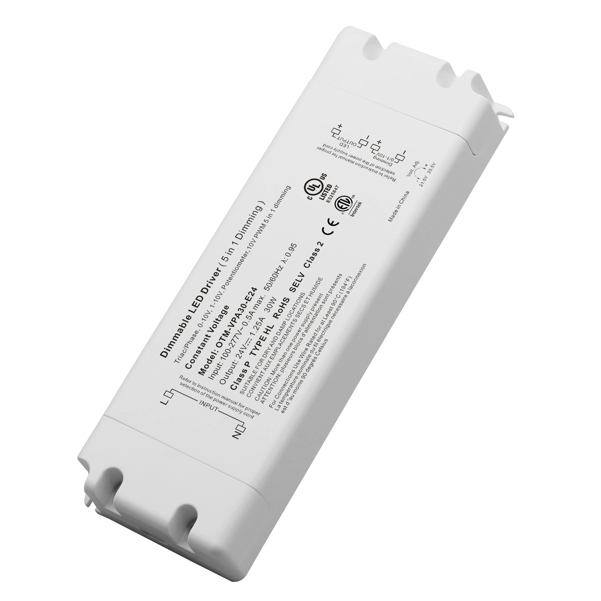 UL Triac 0-10V PWM 5 in 1 24V 30w Constant Voltage Dimmable LED Driver
