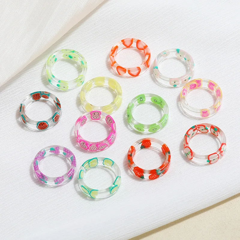 
Colorful Acrylic Resin Chunky Rings Trendy Y2K Style Unique Plastic Transparent Fruit Resin Rings Cute Finger Ring for Women 