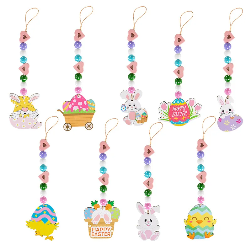 New Easter Wooden Bead Tassel DIY Egg Rabbit Hanging Tag Tassel Party Carnival Decoration Hanger Bead