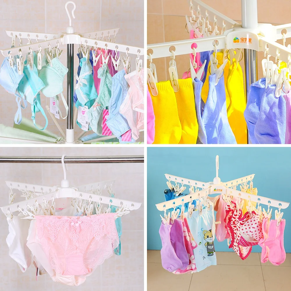 China factory BAOYOUNI wholesale Foldable 24 Pegs Portable Indoor Outdoor Airer Dryer  Foldable Sock Hangers with Clips hooks