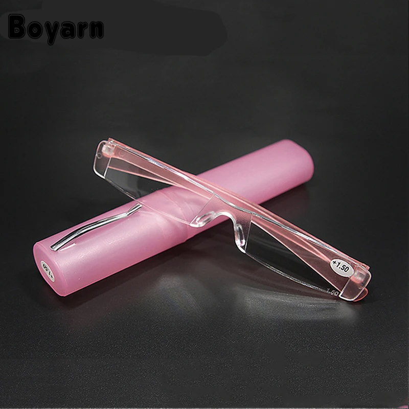 Rimless Reading Glasses Women Men Resin Clear Lens Eyeglasses Portable Pen Tube Presbyopia Glasses with Case +1.0 +4.0