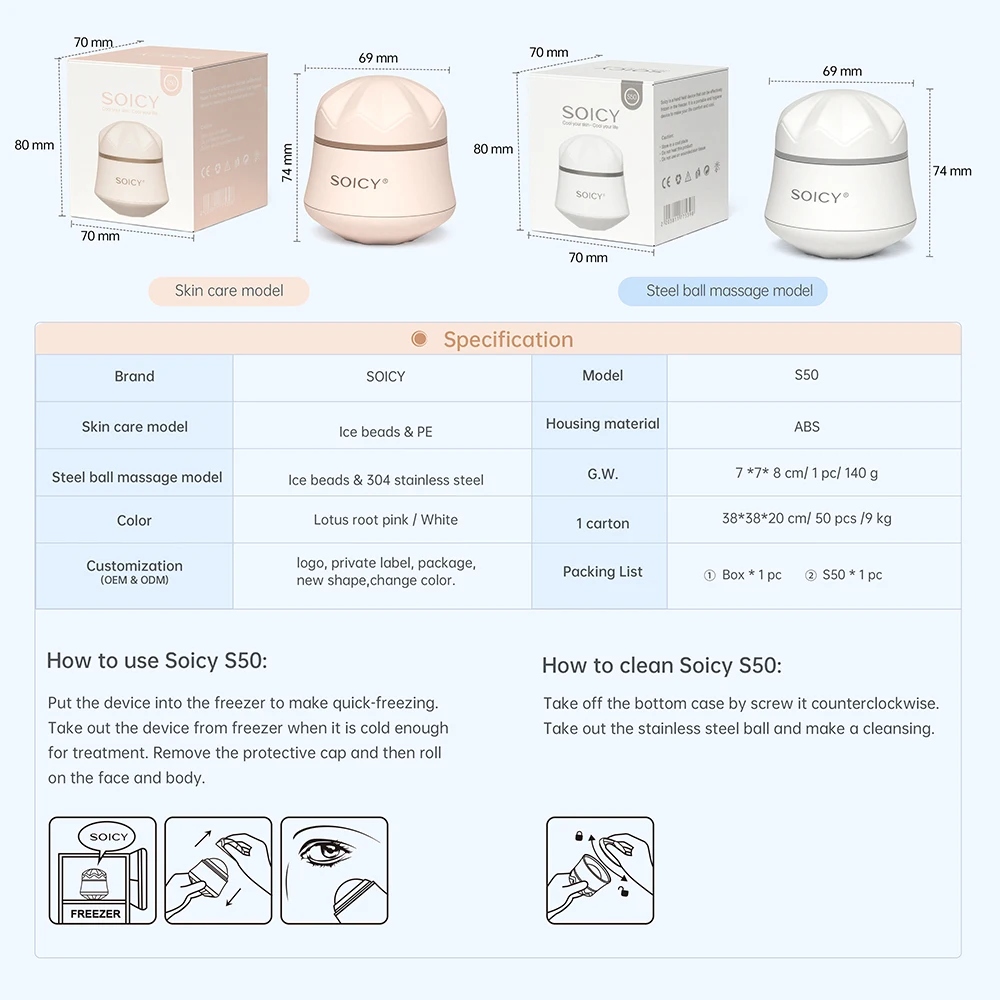 New Arrival Dermaroller Ice Roller SOICY S50 360 Degree Rotate Skin Care Face Roller Stainless Ball Body Massage Roller