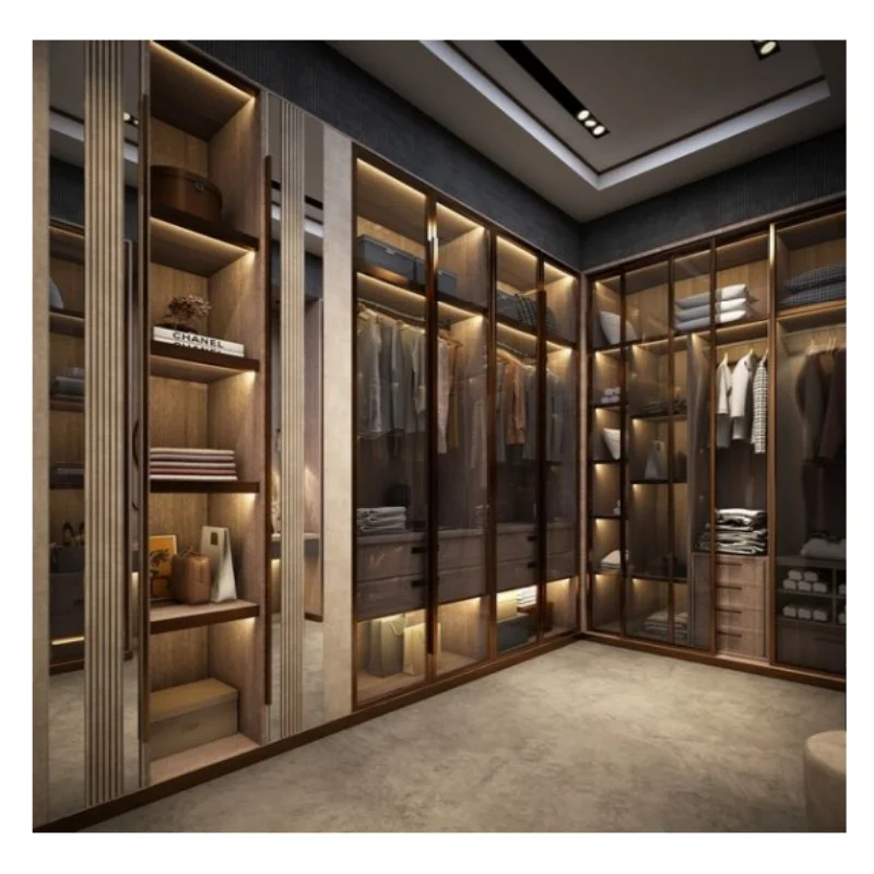 2025 Custom made Italian style modern bedroom glass wardrobe design wooden wardrobe bedroom closet furniture with mirror