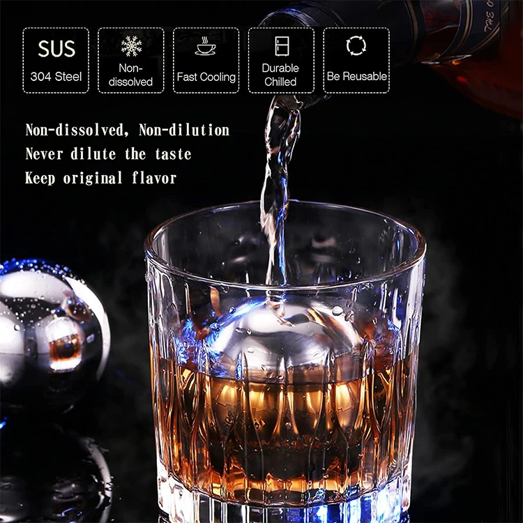 Factory Wholesale reusable chilling whiskey Ball stainless steel 304 ice cube Ball rocks with tongs for cola wine drinks