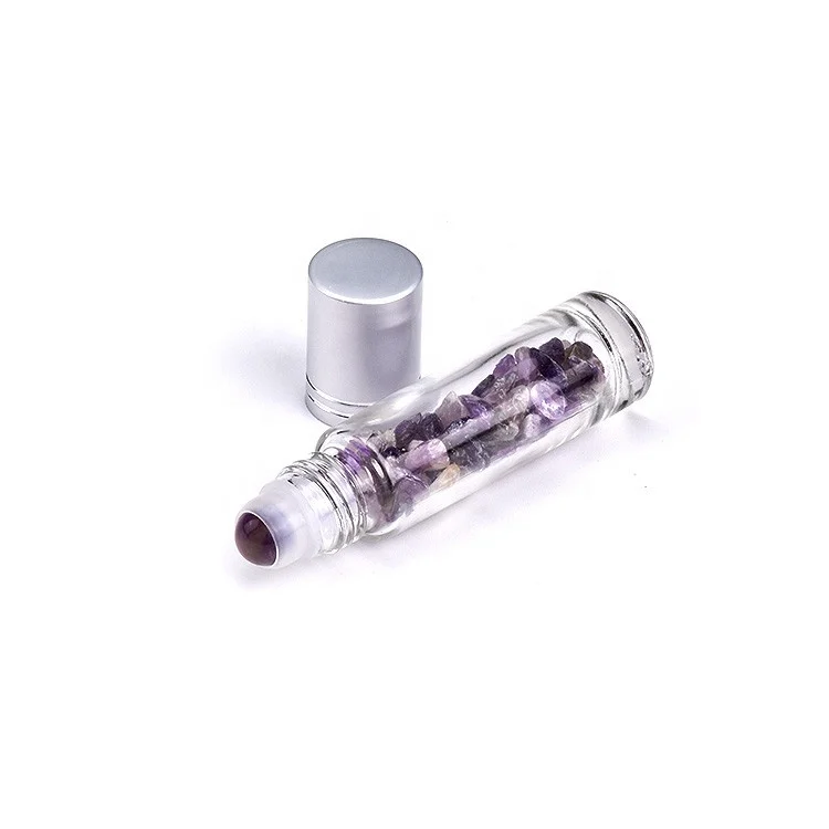 10ml Essential Oil Roller Bottles For Eye Care Amethyst Roller Ball Glass Bottle with Crystal Chips