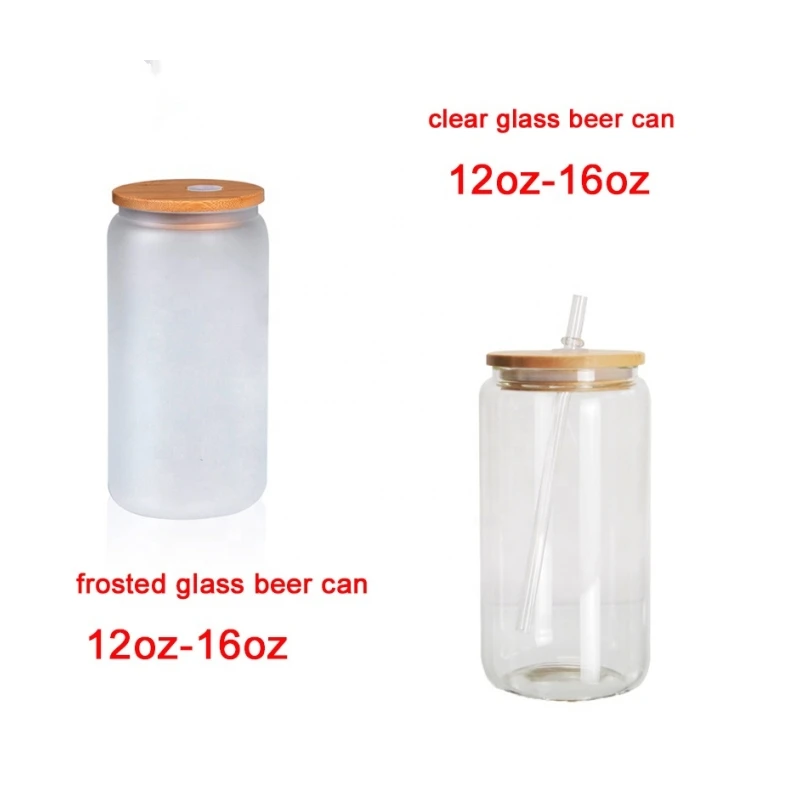 Bamboo Lid and clear Plastic Straw Glass Beer Can12oz 16oz Blank Sublimation Beer Glass Soda Can