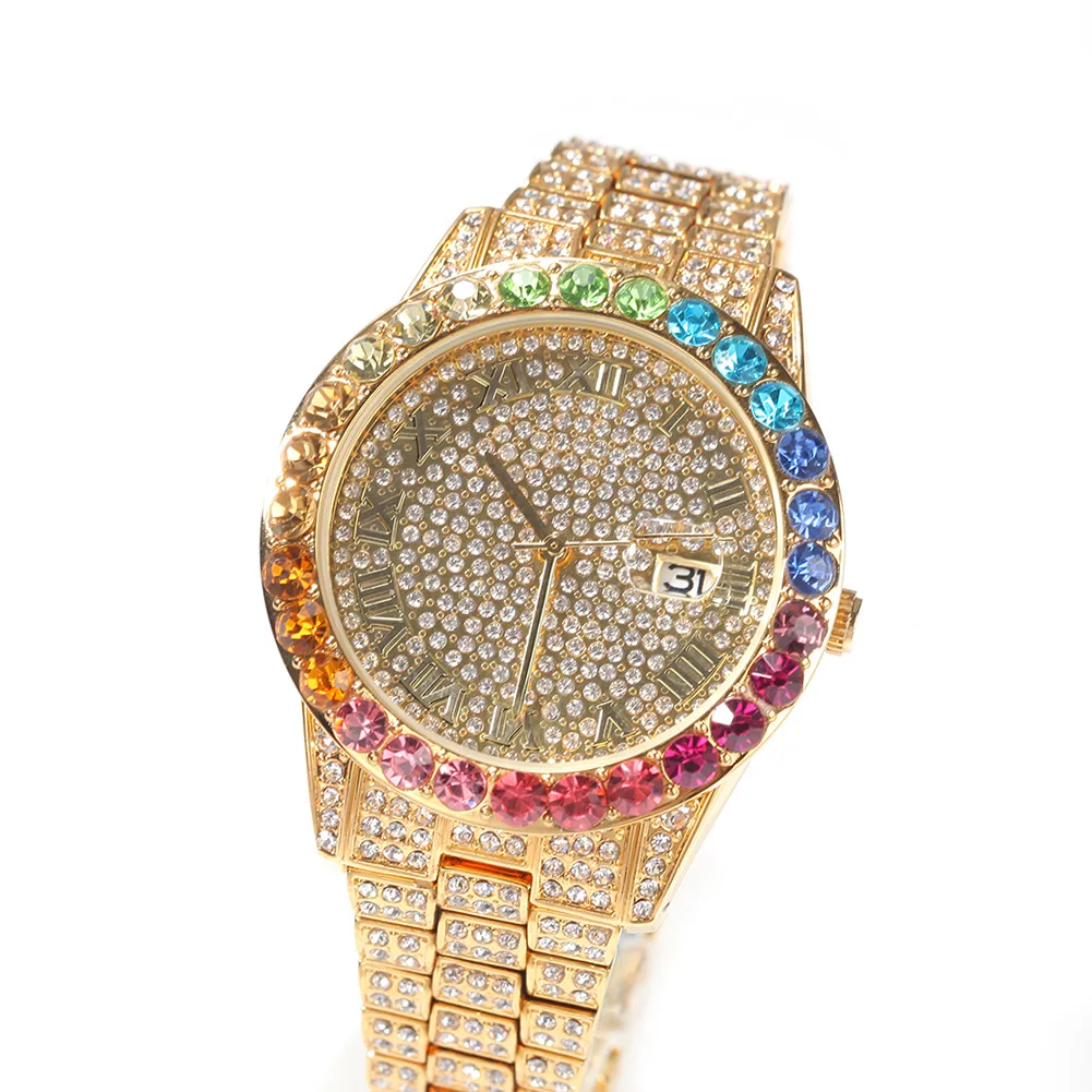 Hip Hop Luxury 18k Gold Brand Watch Iced Out Rainbow Diamond Rhinestone Wrist Quartz Watch for Dropshipping