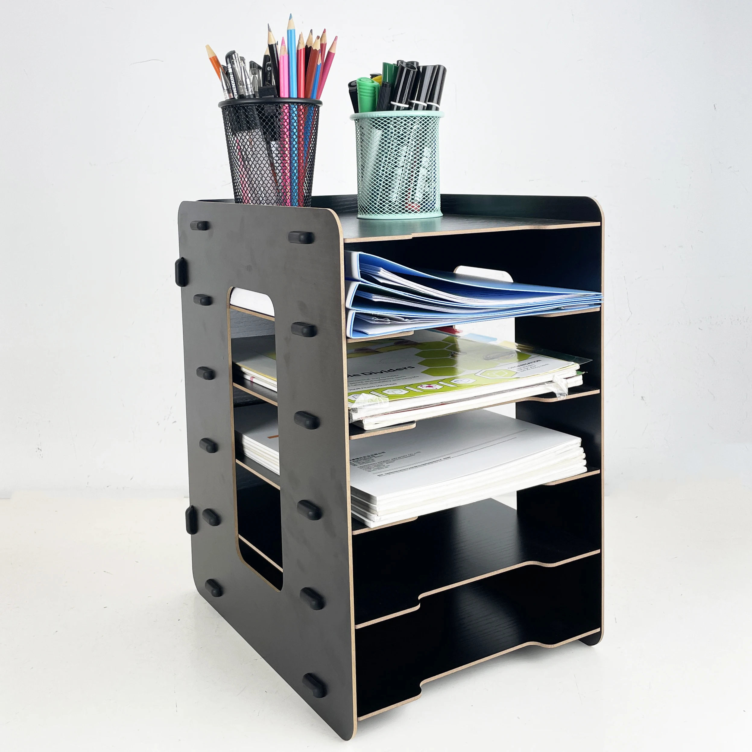 Office Supplies Wooden 6 Tier Folding Desk Organizer  Black Stackable Desktop Document Letter Tray A4 Size File Tray