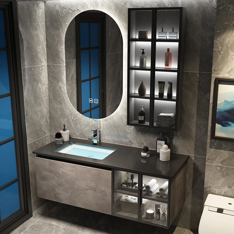 Hotel Solid Wood Bathroom vanity Cabinetry Combo Floating bath Vanity Modern Double Sink Black for washroom storage