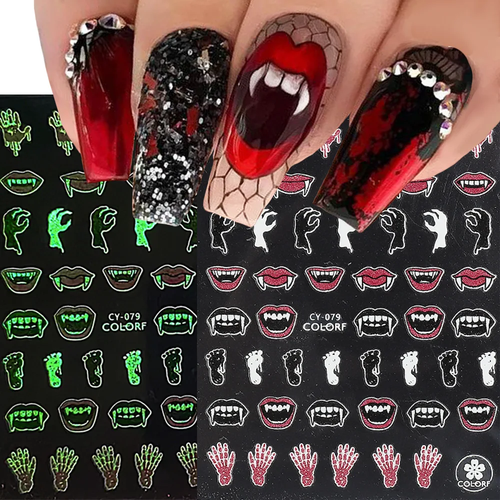 2023 New Arrival Cartoon 5d Halloween Nail Sticker Decals Black Cat Spider Skull Ghost Diy Halloween luminous Nail Art Stickers
