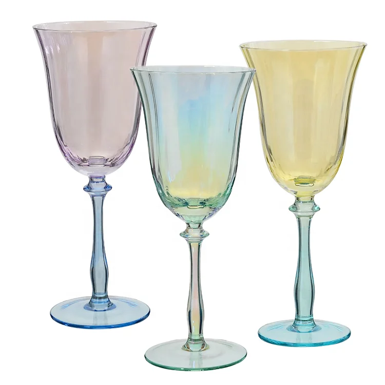 wholesale Unique Wedding Luxury ribbed Rainbow pink Colored wine glass Cup Origami Wine Goblet Glasses