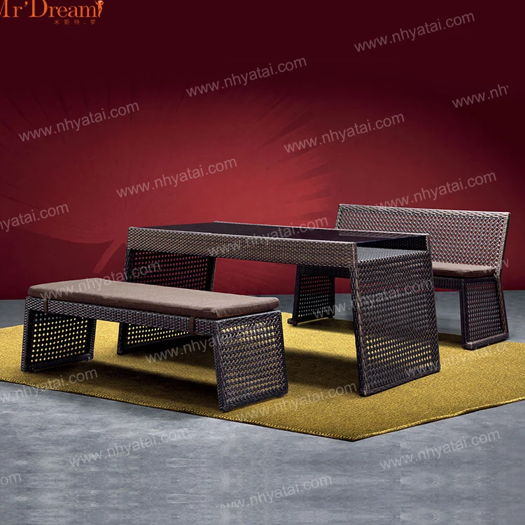 Leisure Commercial Restaurant Dining Project Design Modern Rattan Rope Garden Bench Outdoor Dining Table Set