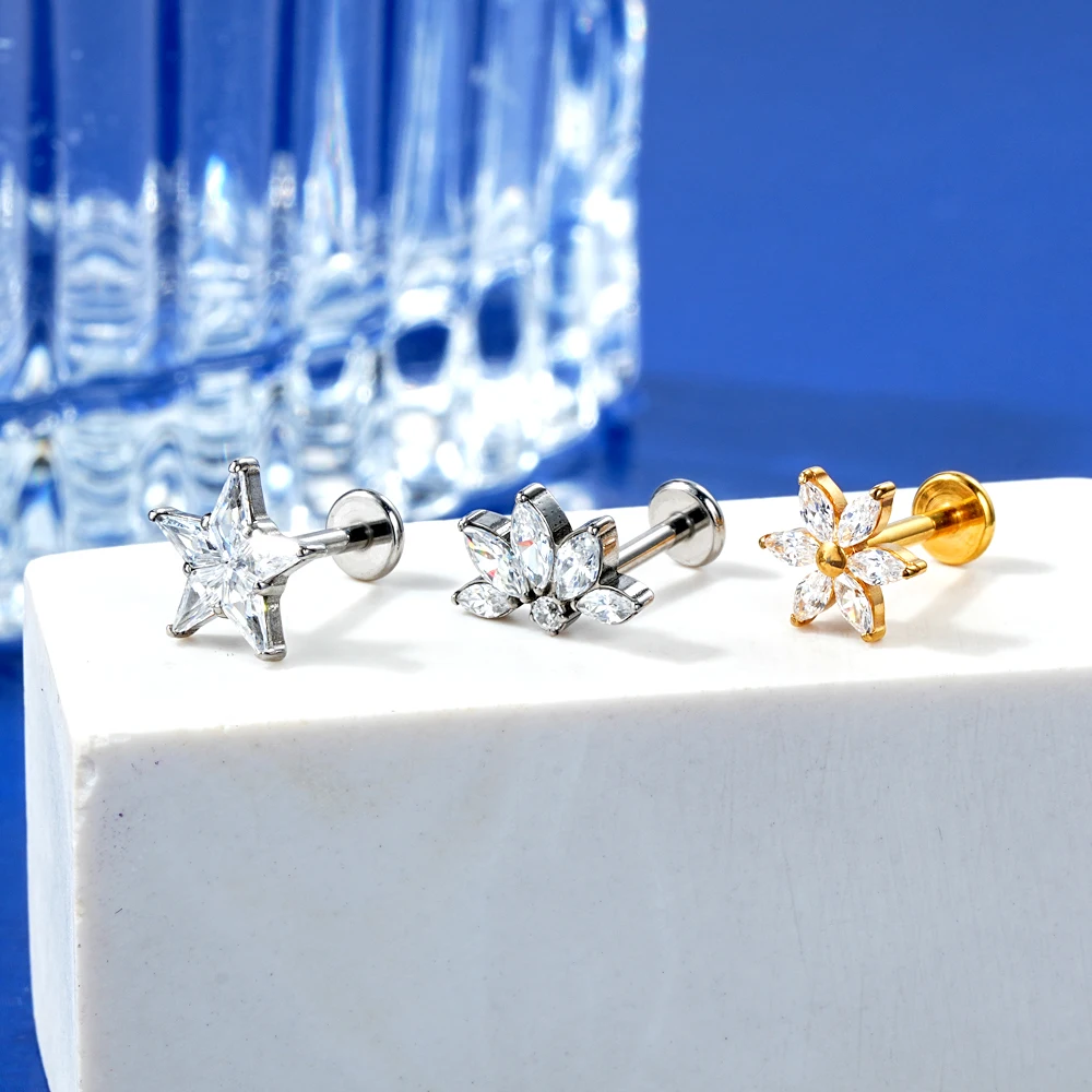 Toposh ASTM F136 G23 Push Pin Threadless Titanium Jewelry Prong Setting Zirconia Women Accessories Cartilage Earring Piercing