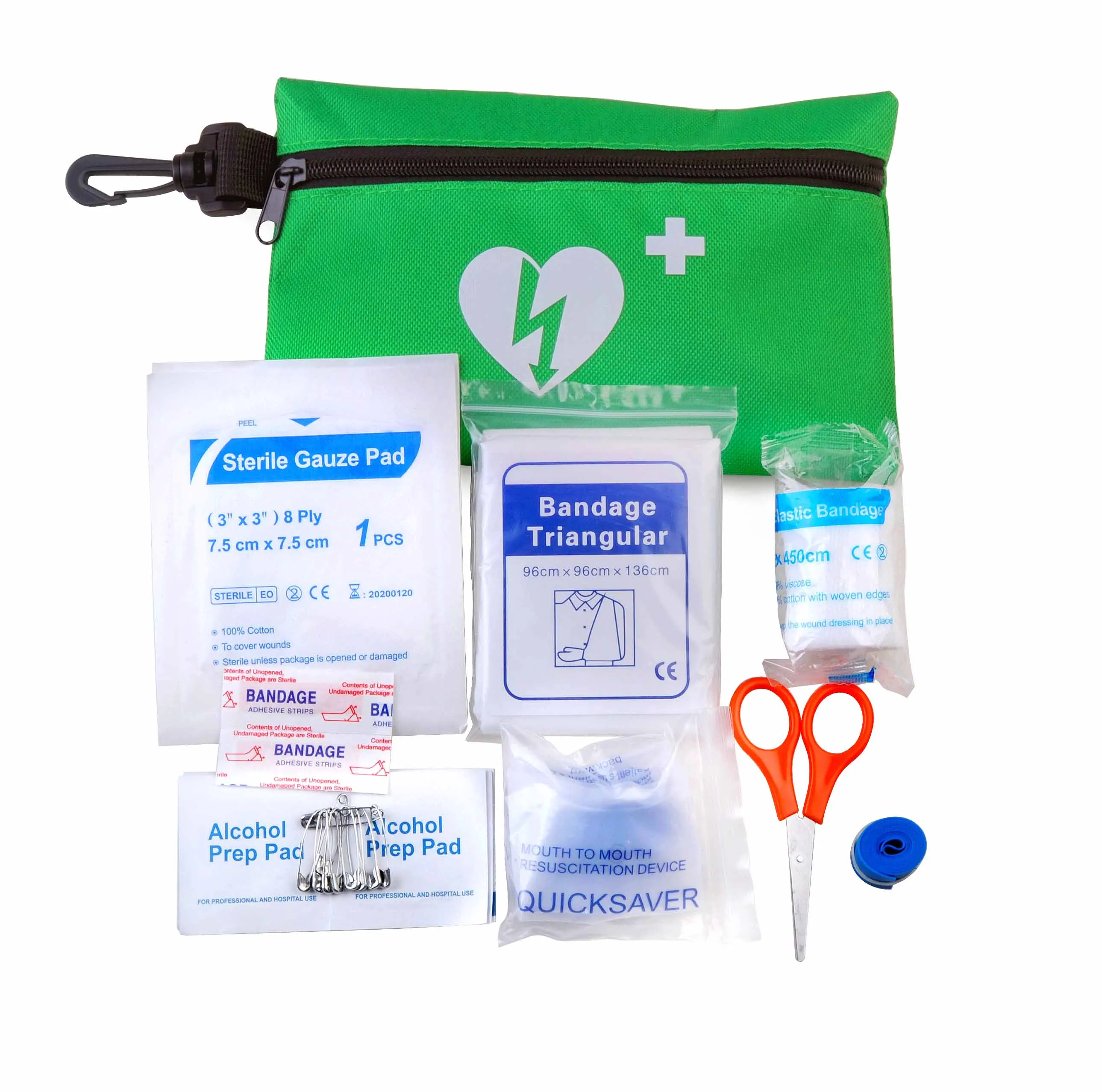 Customized AED Rescue CPR First Aid Prep Student Kit For Fast Response Breathig Red And Green Nylon Bag