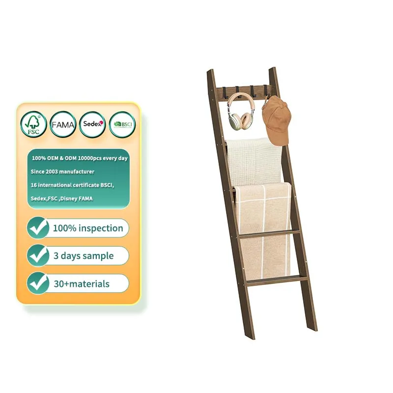 Customized living room bedroom wooden carpet ladder with 4 detachable hooks wall decoration storage rack