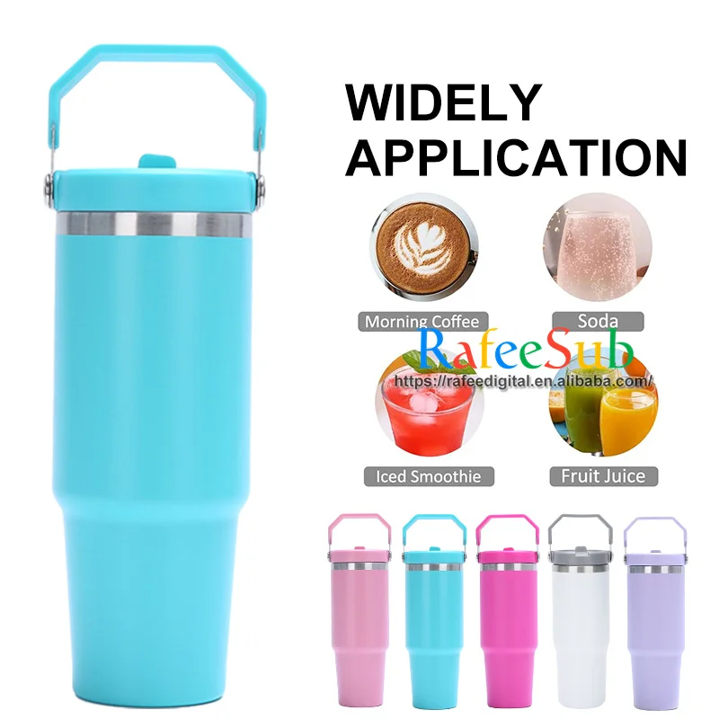 30oz 30 oz Hot and Cold Vacuum Insulated Stainless Steel White Blank Sublimation Tumbler Cup with Top Handle and Straw Screw Lid