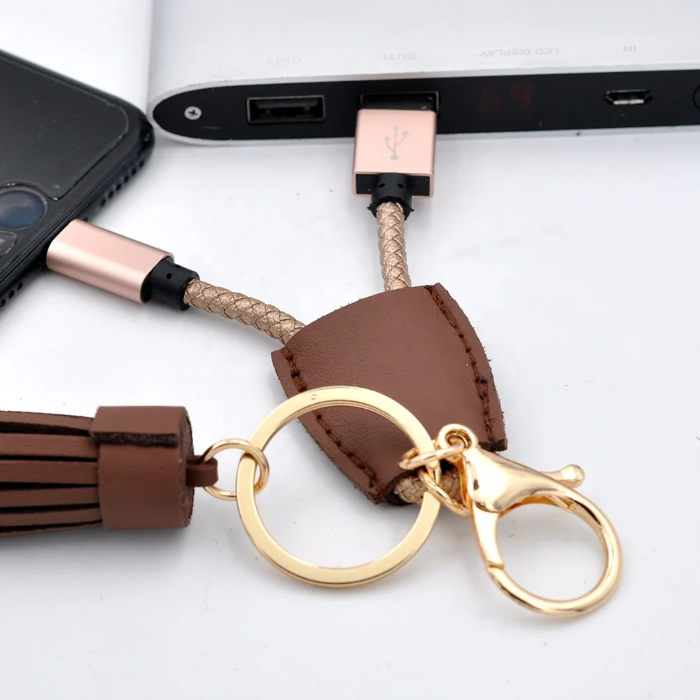 Brown key Ring cable phone charger power tassel keychain genuine leather tassel key chain With usb phone cable fringe
