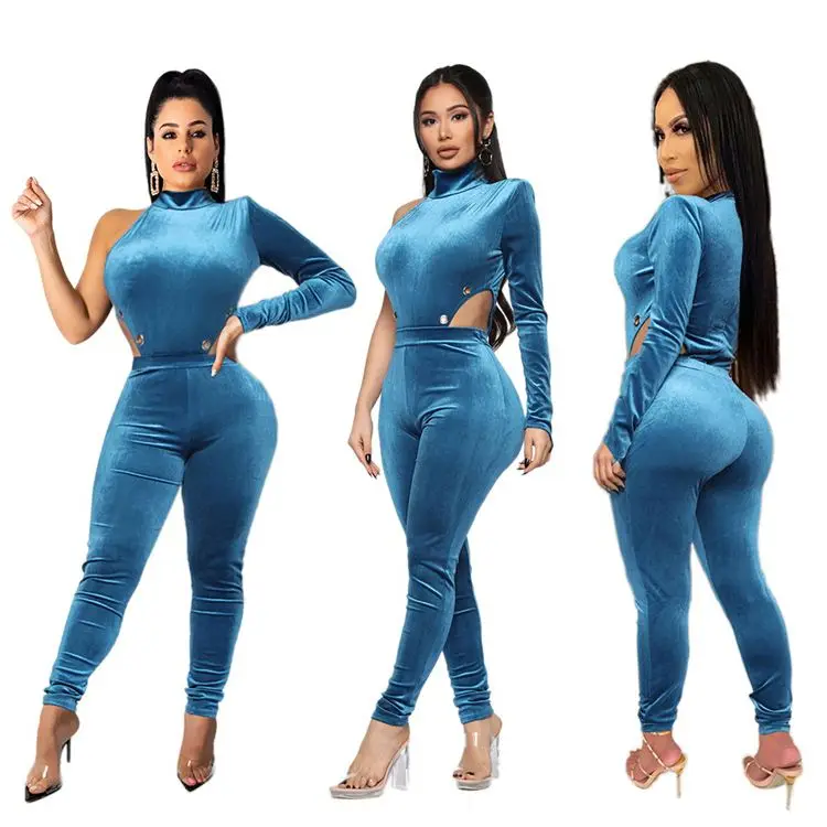 
1219M100 new stylish round neck one shoulder velvet bodysuit and pant Winter Clothes Outfits Women Two Pieces 