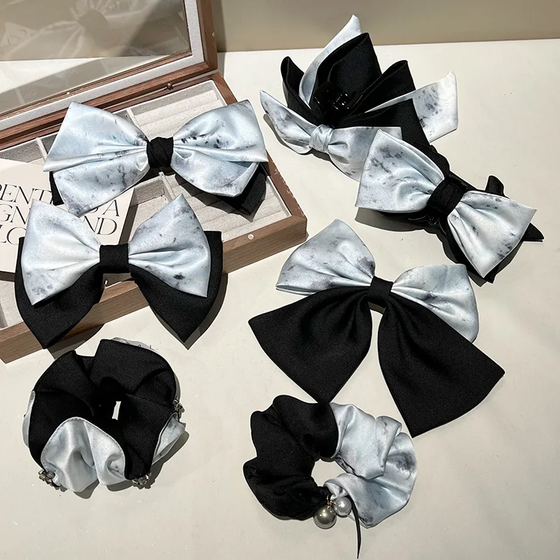New Chinese Style Ink Painting Webbing Bow Hair Clip Tray Grab Gentle Temperament Scrunchie Pearl Hair Accessories