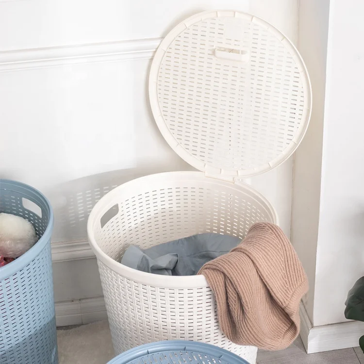 Rattan Design Round Shape Plastic Laundry Basket with Lid Dirty Clothes Sorter Plastic Laundry Hamper