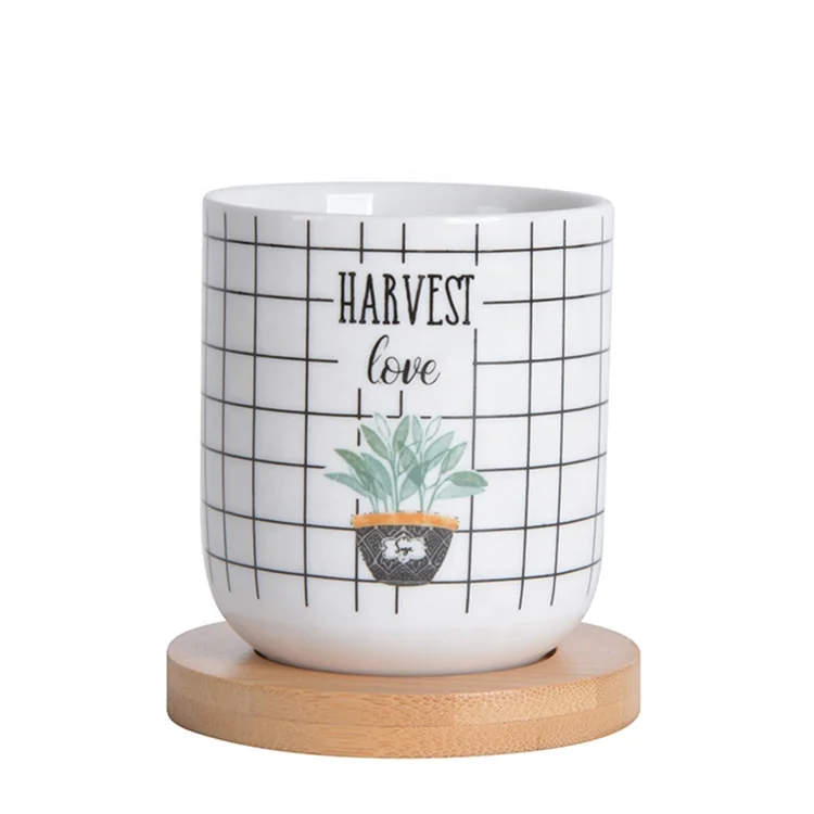 Wholesale Ceramic Tea Cup With Wooden Saucer Set Stoneware Coffee Mug Without Handle