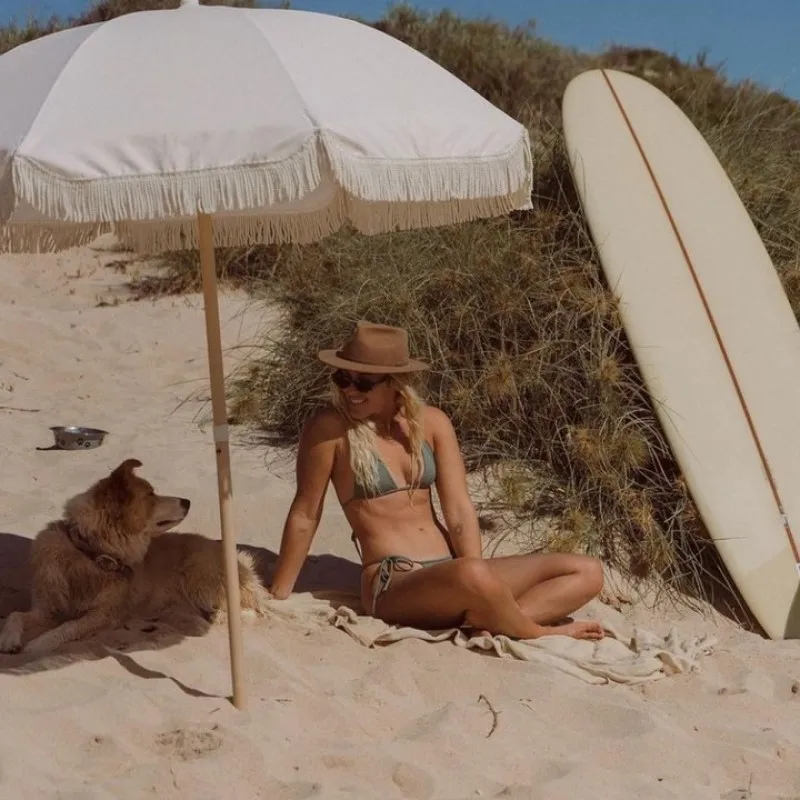 outdoor colorful windproof sea beach umbrella with sand pocket, Good quality recycled tassel sand sun parasol 6ft 7ft 8ft