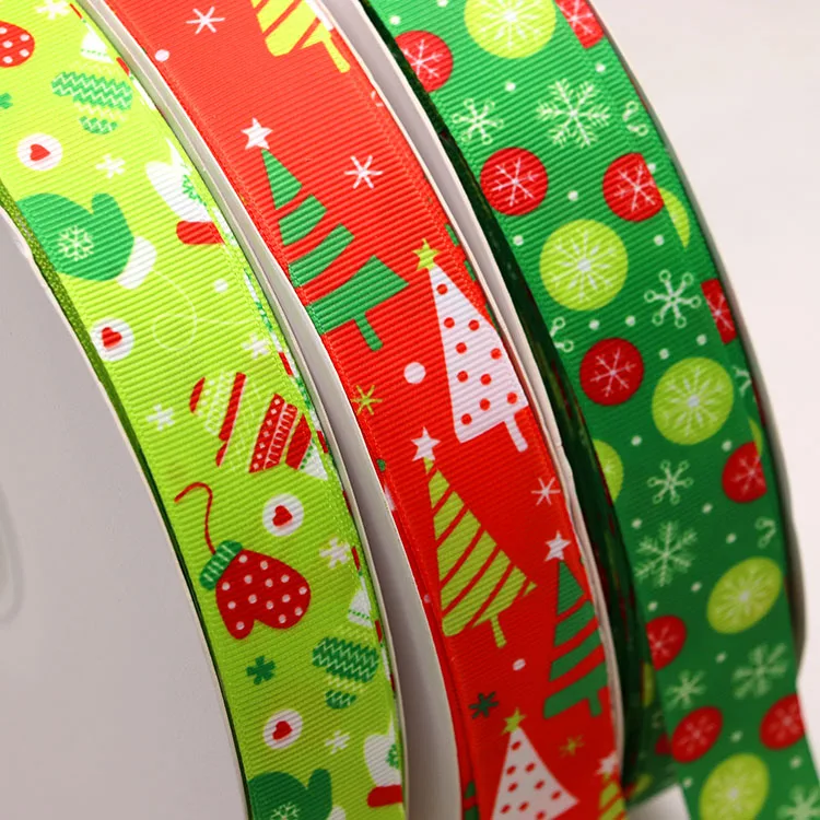 Factory custom printed logo satin ribbon ,1 inch merry christmas tree deco grosgrain ribbon roll for gift wrapping party holiday
