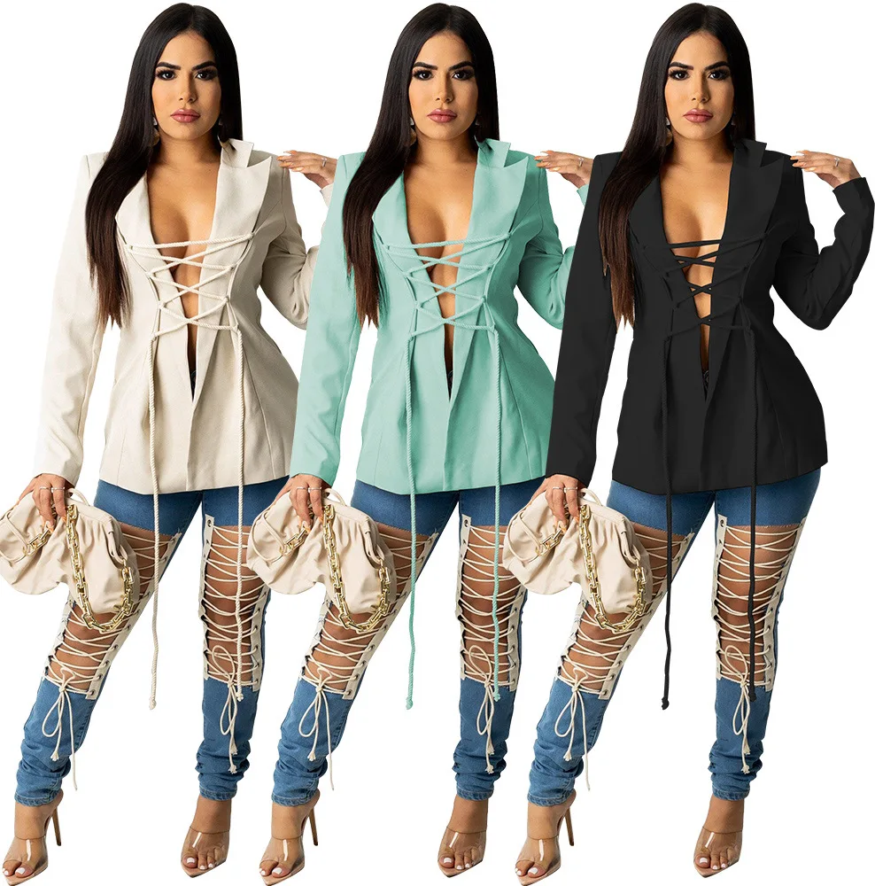 Trendy Femme Fashion Winter Coats 2021 Female White Blazer Suit Top Lace Up String Woman Jacket Long Sleeve Ladies Women Blazers