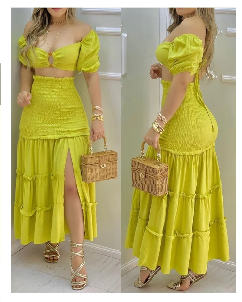 BA761 New arrival 2022 sweet back zipper high split off shoulder top womens skirts 2 piece set
