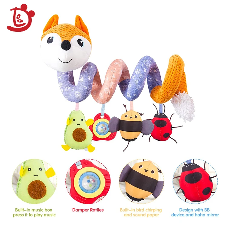 Pram Hanging Rattles Spiral Stroller Fox Seat Toy Soft Plush Baby Educational Sensory Animals Crib Mobile Bed Toy