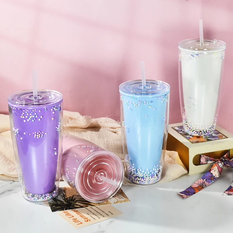 AGH New Arrival 24oz Double Wall Plastic Tumbler Acrylic Plastic Cup Colored Ball Filling Cup with Straw and Lid