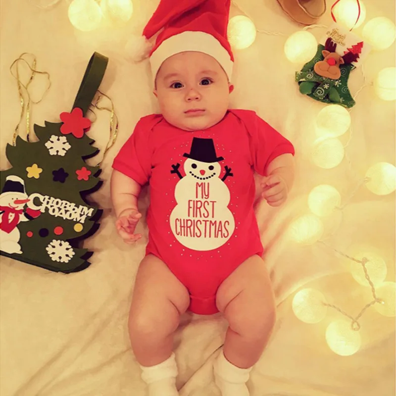 Christmas baby romper clothes set baby boy and girls bodysuit and hat snowman my first christmas outfit