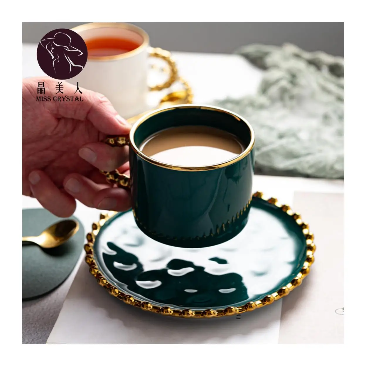 Gold Beaded Ceramic Water Cup European Luxury Coffee Mug Home Exquisite Coffee Cup and Saucer Set