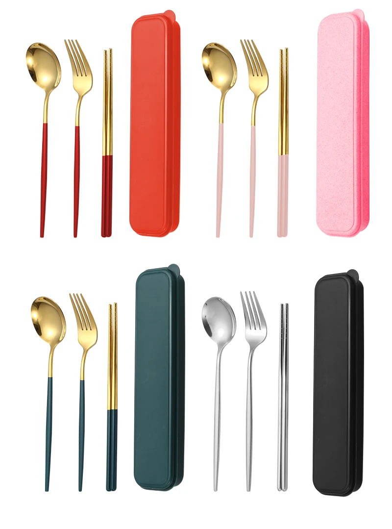 Korean Style Reusable Gold Cutlery Set besteck Color Handle Portable cutlery Travel Camping set spoon fork chopstick set