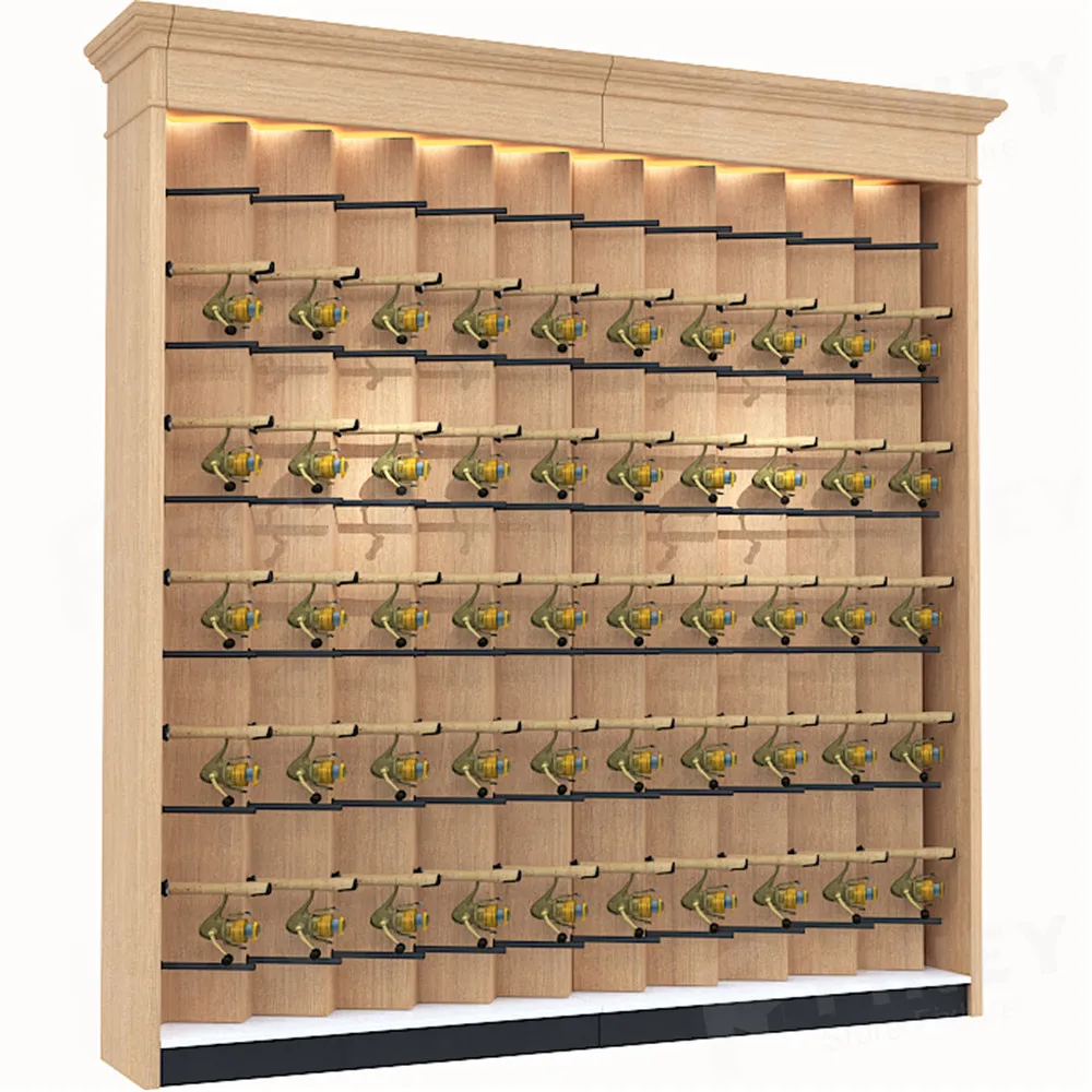 Modern Fishing Tackles Shop Interior Display Design Decoration Customized Wholesale Factory Price Wooden Fishing Rod Rack