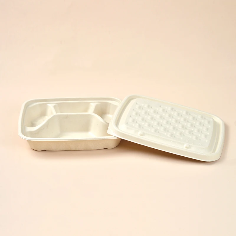 Disposable Food Serving Packing Container Takeway Fast Food Packing  Box Bagasse Fiber 3 4 Compartments Box Bagasse Lid
