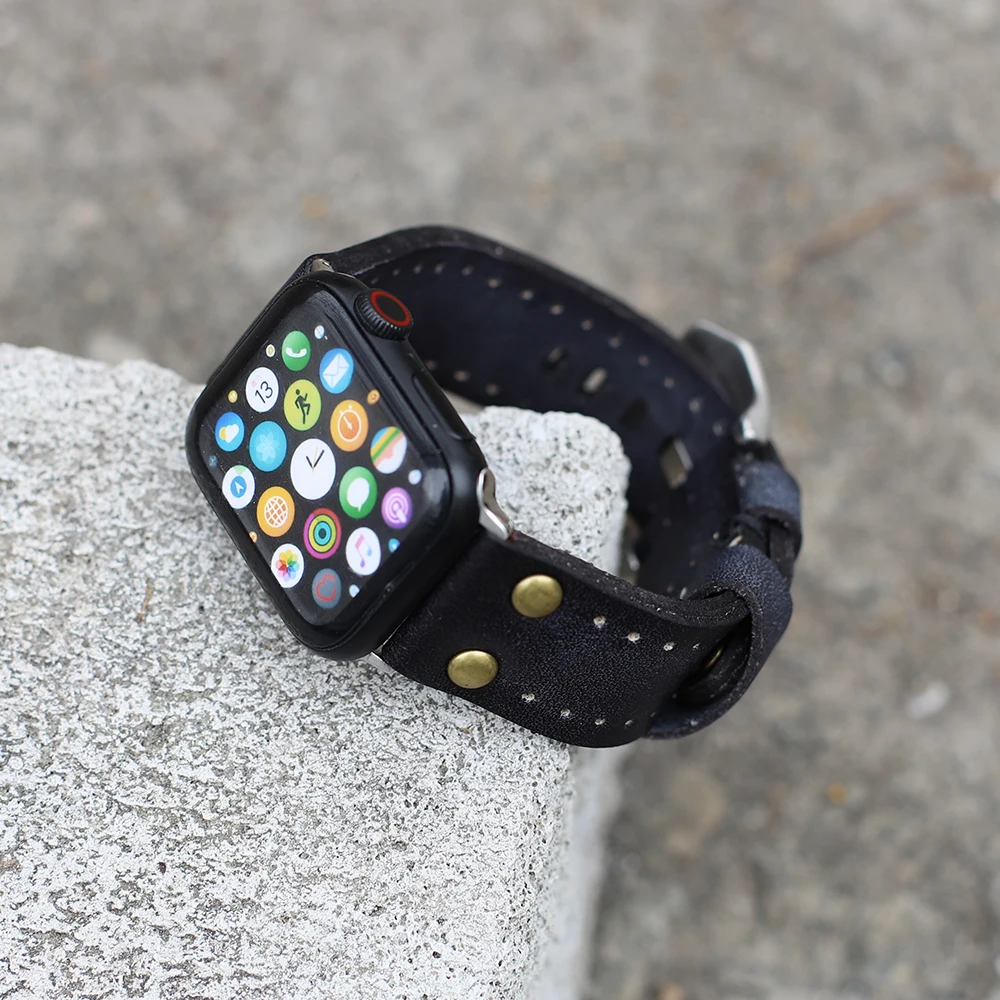 Classical Soft Leather Watch Strap With Rivets Vintage Watchband With Carved Buckle #C for Smart Watches