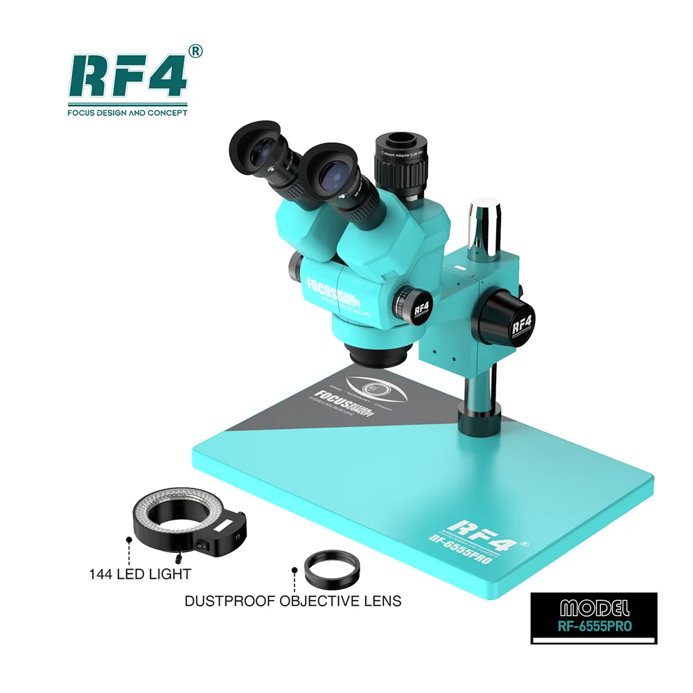 RF4 New Dust-proof Design Microscope Continuous Zoom 6.5X-55X Knob 7 Gear Zoom RF-6555PRO Trinocular Microscope