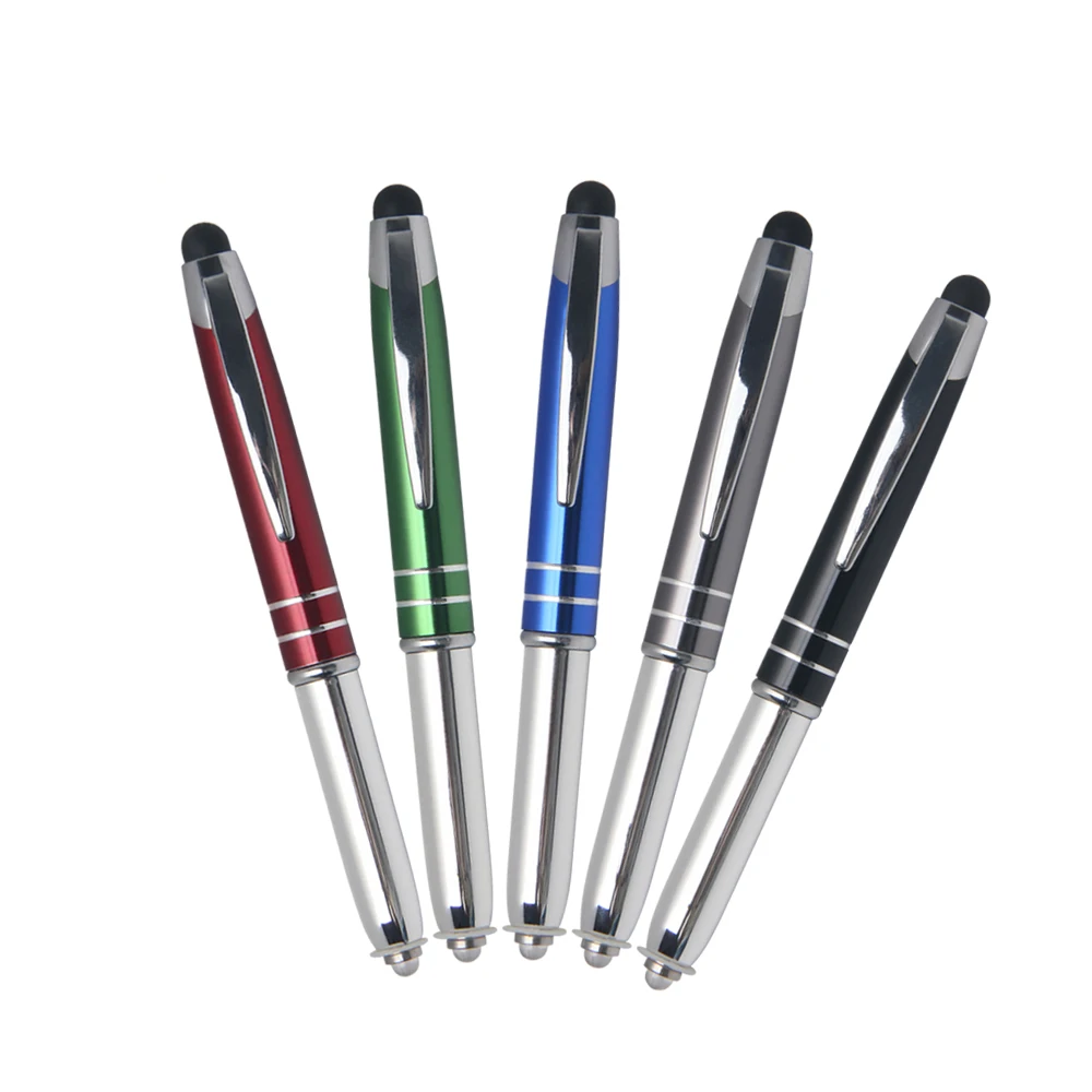 Promotional office ball point metal touch stylus blue flash led custom logo pens with light  tip