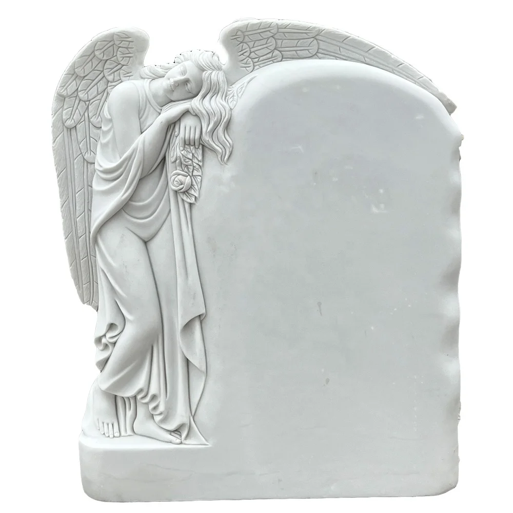 White Marble Hand Carved Angel Statue Cemetery GraniteTombstone