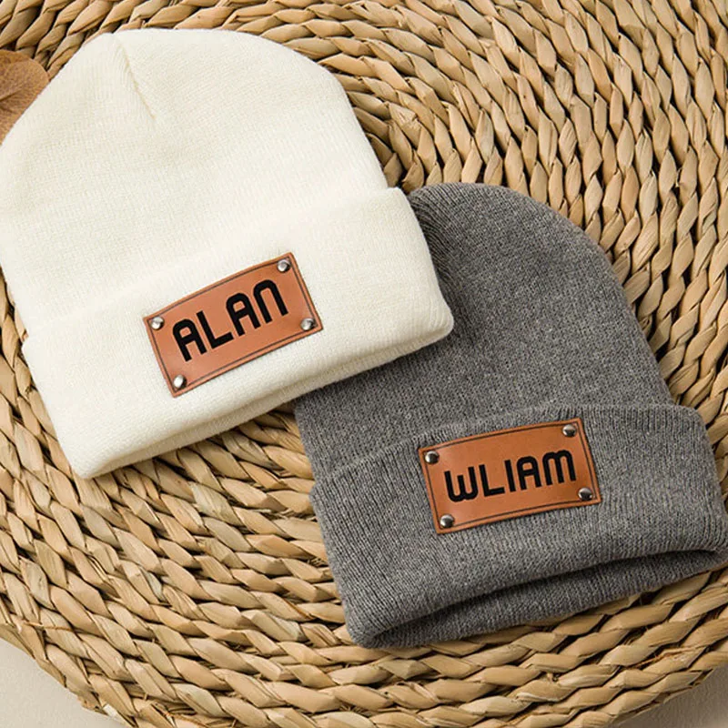 winter hats Custom Personalized company Name Customized Beanies cap with Leather Patch