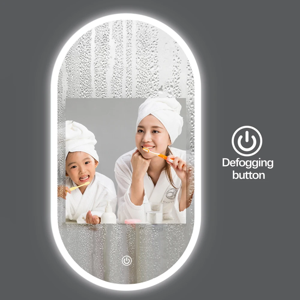 Frameless luxury oval illuminated smart wall mounted anti fog touch screen bathroom mirror with LED lights