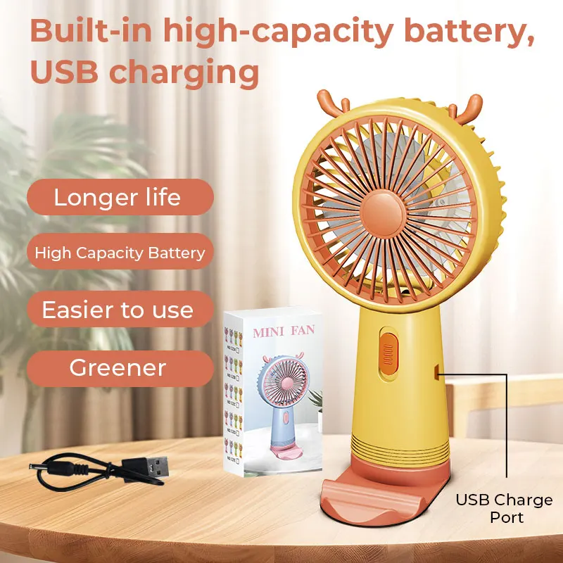 Handheld Rechargeable Mini Charger Fan with Mobile Phone Holder Cute Table Application for Hotels Garages Air Cooling Function
