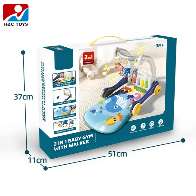 Cute rattle pendant gym rack pedal piano mat 2 in 1 toddler walker multifunction play mat for baby