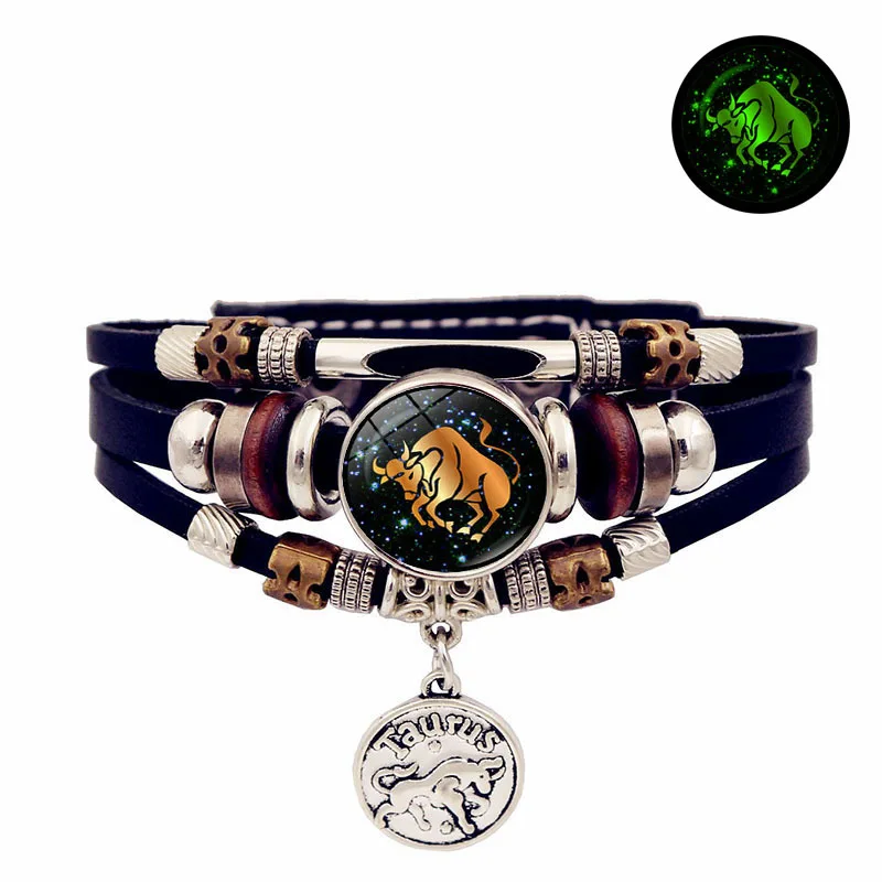 glow in the dark 12 bracelet Zodiac Signs bracelet, multi-layer leather zodiac sign bracelet