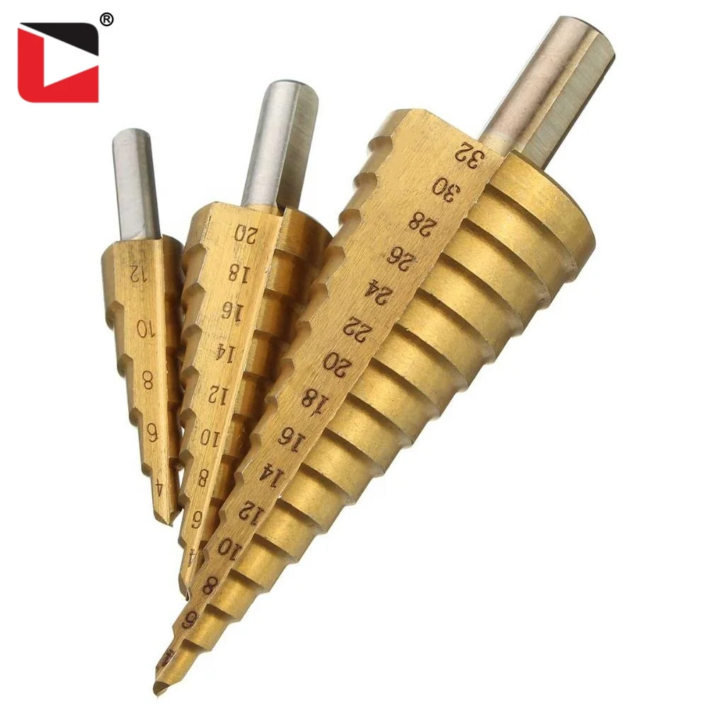 3pcs Multi diameter high speed steel hss titanium coated step drill bit for metal drilling