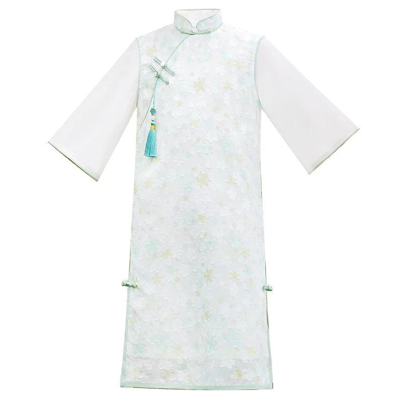 Chinese Traditional Clothes Qipao Floral Mini Casual Dress Tassel Floral Costumes  Chinese Nation Style Half-sleeved Tang suit