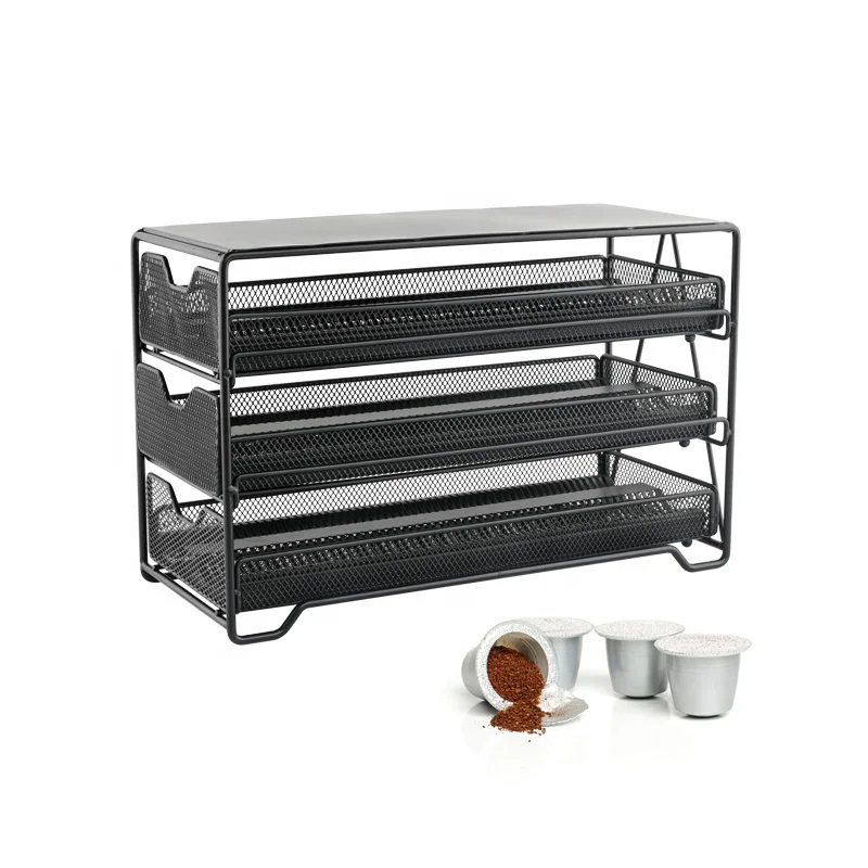 Black Coffee Accessories Holder 3 Tier Metal Mesh Coffee Capsule Holder Drawer Nespresso Coffee Pod Box