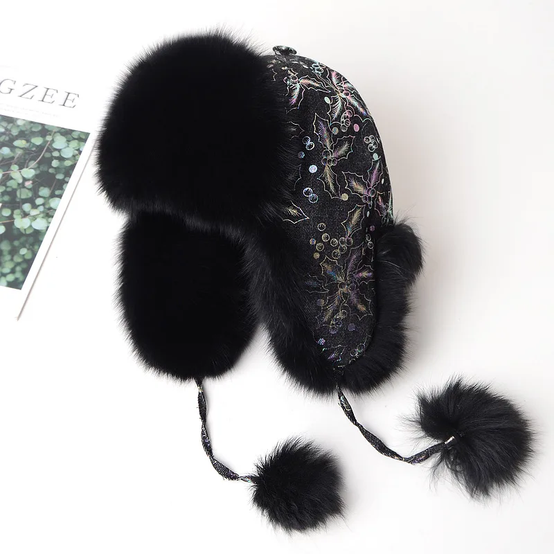 
New Fox Hair Hat Female Winter Thickening Heating Leifeng Hat Ear Protector Fox hair warm hat Ski Thicken to keep warm 