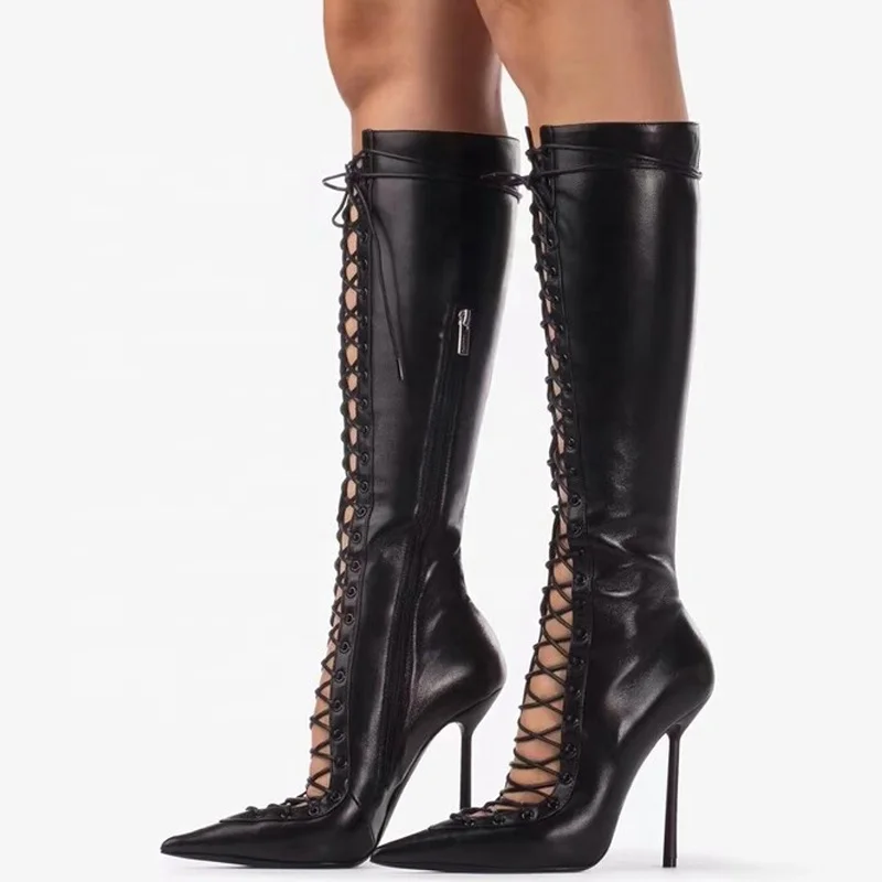 Lace Up Front Cut Out Women Knee High Boots Big Size 44 Solid Stiletto Dress Shoes Slim Heels Side Zipper  Long Boots